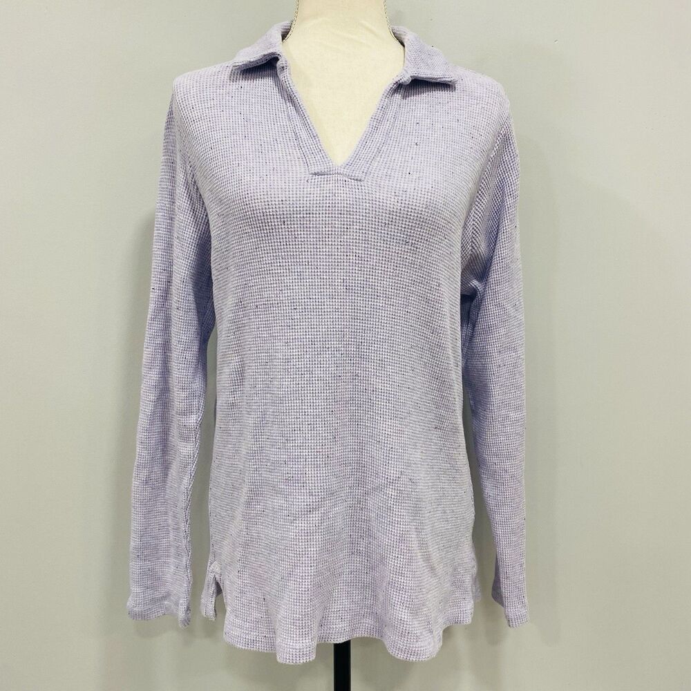 J Jill Wearever L Light Purple Speckle Johnny Collar Waffle Knit Long Sleeve Top